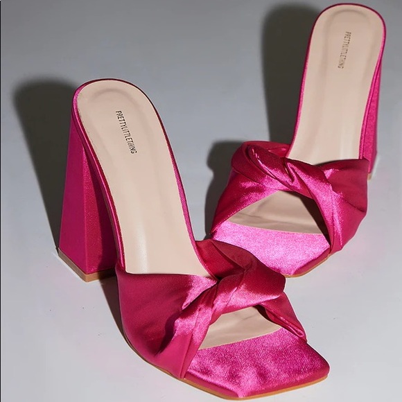 Hot Pink Satin Knotted High Flare Block Heel Mules - Picture 2 of 3